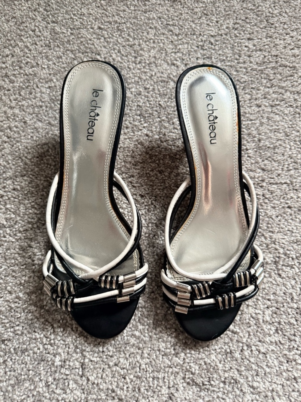 le chateau Two-Tone Black & White Strappy Slide Heels with Silver Hardware